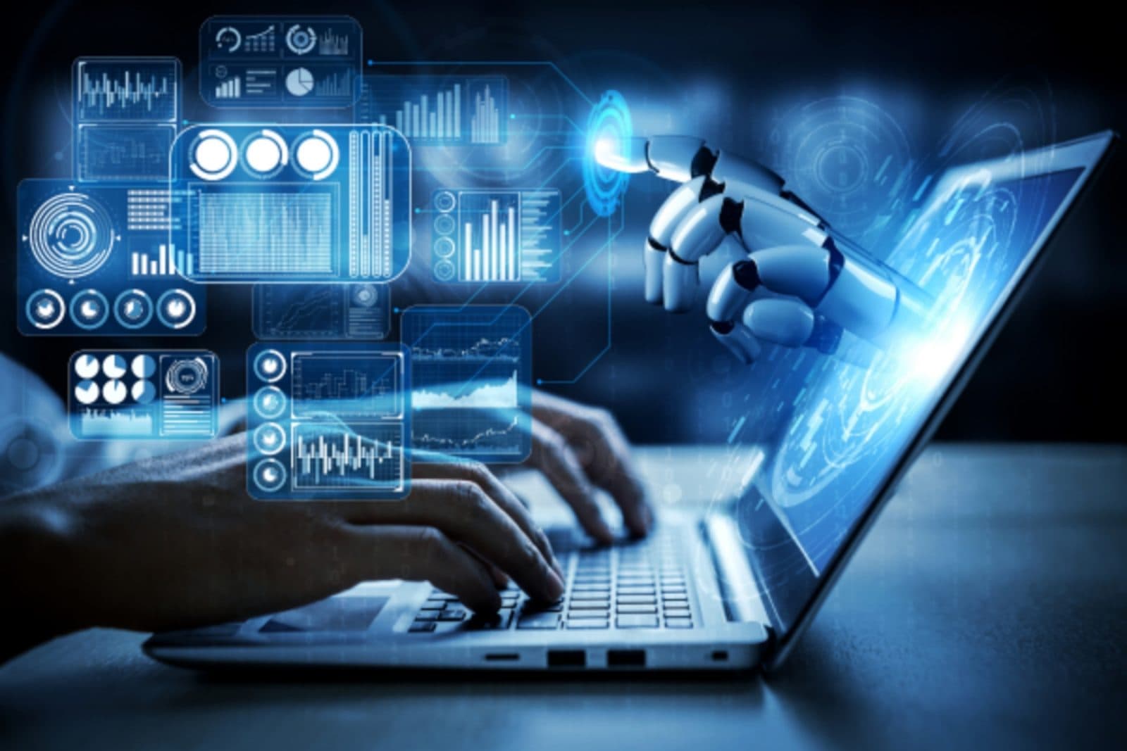 Hands typing on a laptop surrounded by digital interface graphics